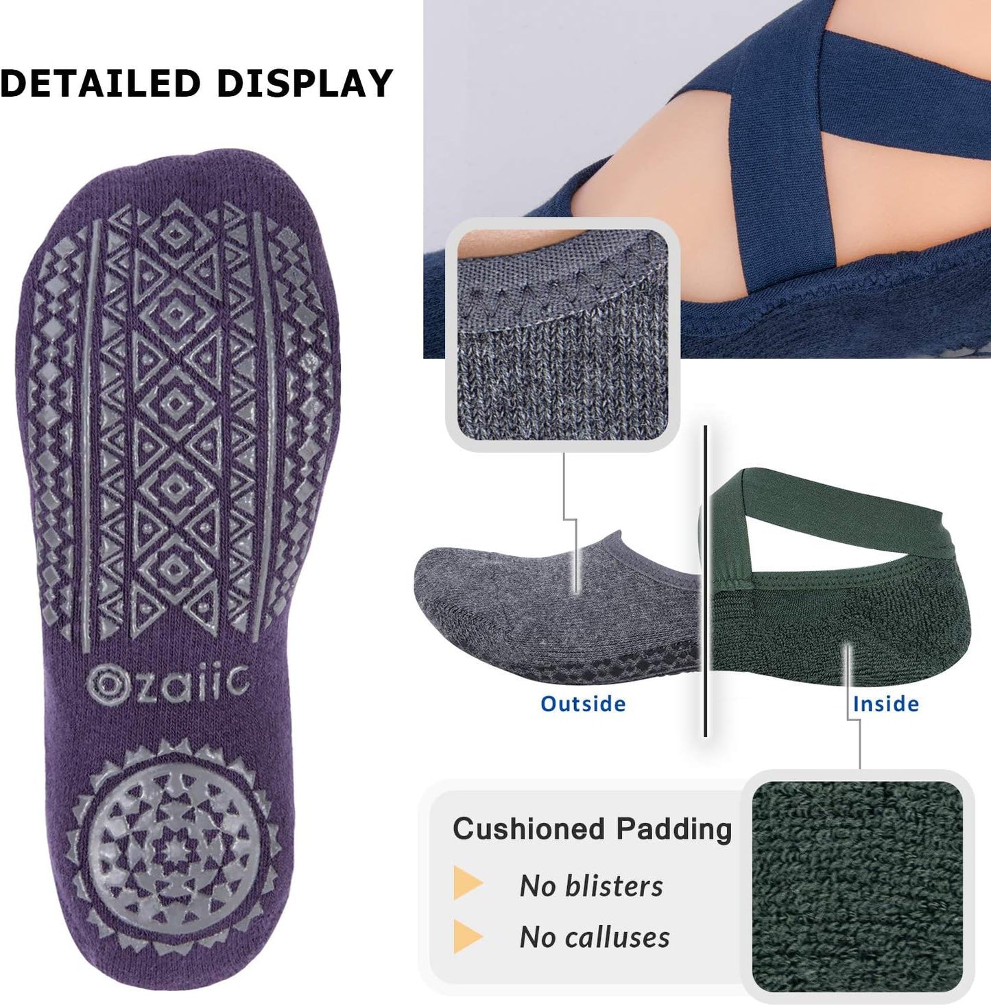 Ozaiic Pilates Socks for Women Non Slip Grip, Yoga Socks with Grippers for Barre, Hospital, Ballet, Dance, Barefoot Workout