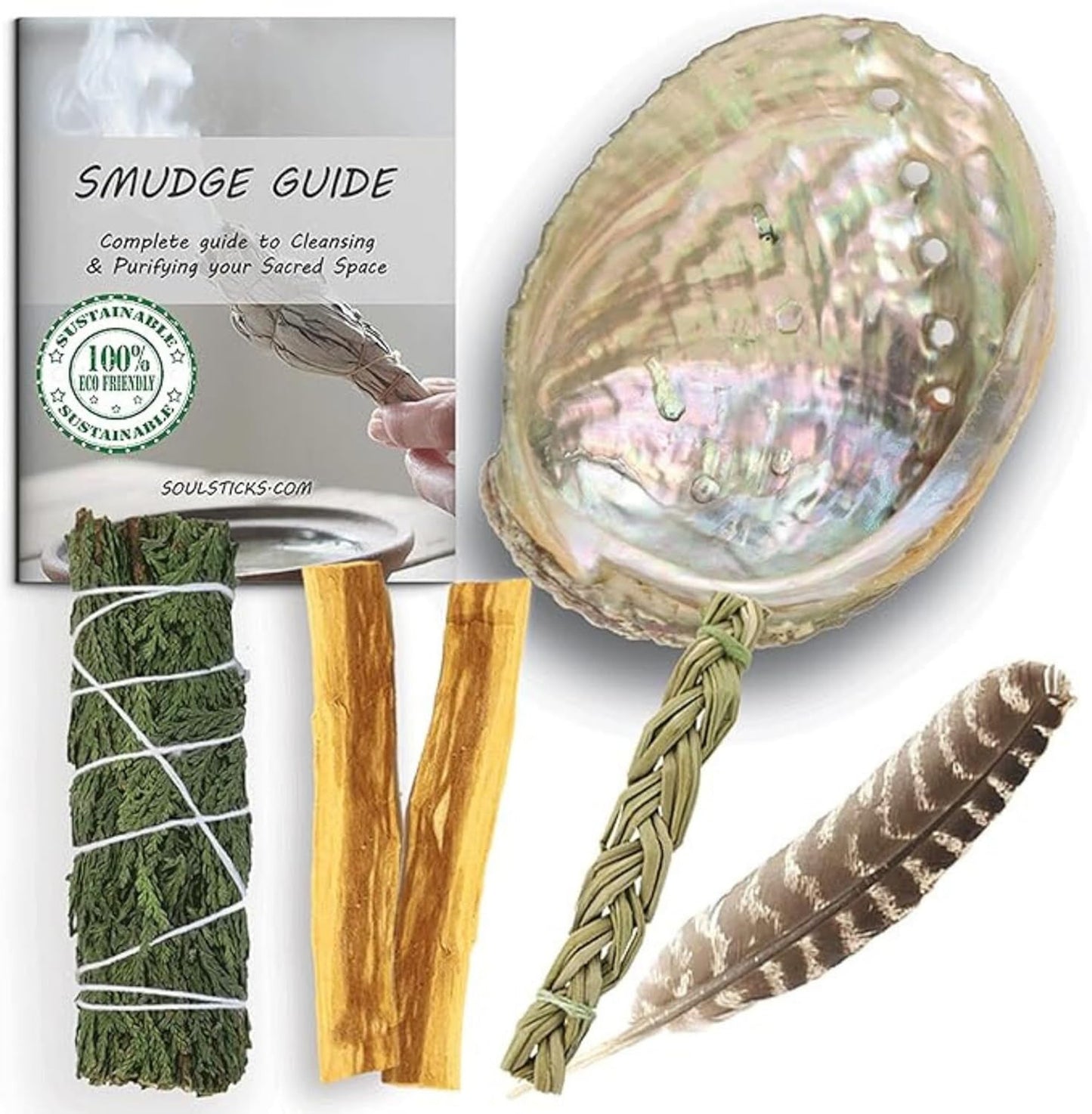 Ancient VEDA Organic Smudge Kit – Yerba Santa, Palo Santo, Sweetgrass Braid, Feather & Smudge Guide | Home Cleansing Kit for Meditation, Yoga, Energy Healing & Gift (Starter Kit, Yerba Santa Sage)