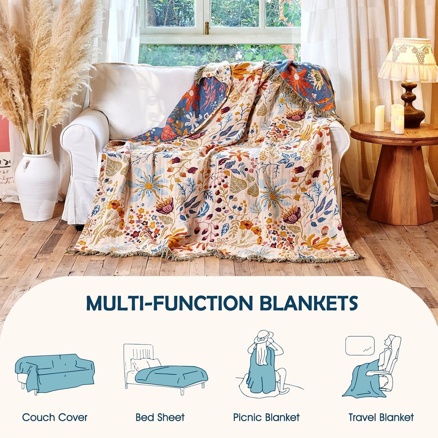 Boho Throw Blanket - 100% Cotton Soft Summer Throw Blanket for Bed, 50"x60" Reversible Breathable Lightweight Blankets, All Seasons Farmhouse Decor Floral Plant Butterfly Throw Quilt