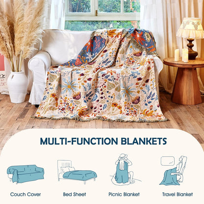 Boho Throw Blanket - 100% Cotton Soft Summer Throw Blanket for Bed, 50"x60" Reversible Breathable Lightweight Blankets, All Seasons Farmhouse Decor Floral Plant Butterfly Throw Quilt