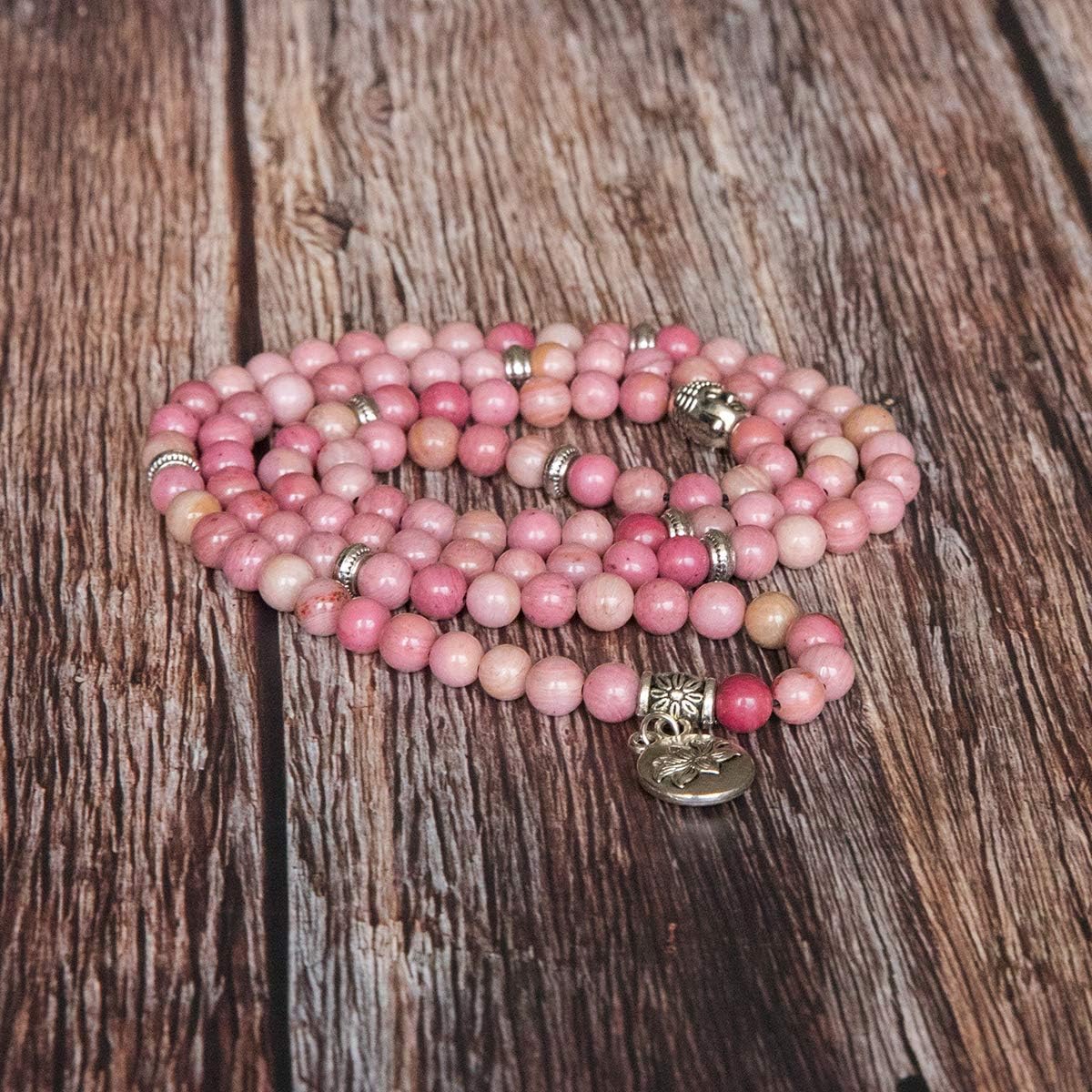 Bivei 108 Mala Beads Necklace Long Beaded Wrap Bracelets Genuine Gemstone Mala Prayer Beads Lotus Buddha Charm Yoga Meditation Necklace