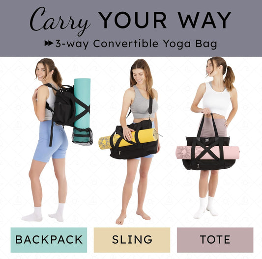 Yoga Mat Bag 4-in-1 Backpack, Tote Bag, Cross Body, Shoulder Bag – Water-Resistant, Durable, with Pockets, fits Thick & XL Mats – Carrier for Women & Men Ideal for Gym, Pilates, and Travel