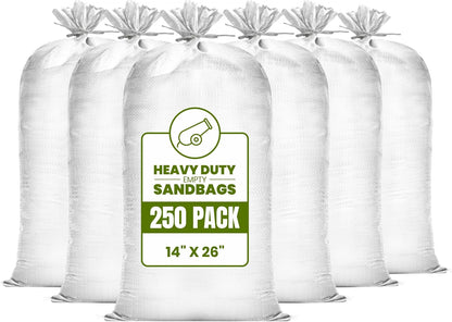 (Not Made in China) 20 Pack, Heavy Duty Sand Bags for Flooding, Empty Sandbags with Tie Strings, UV Protection 1600 Hours, Flood Control,14in x 26in, Sandbag for Weight, 50lb Capacity, White
