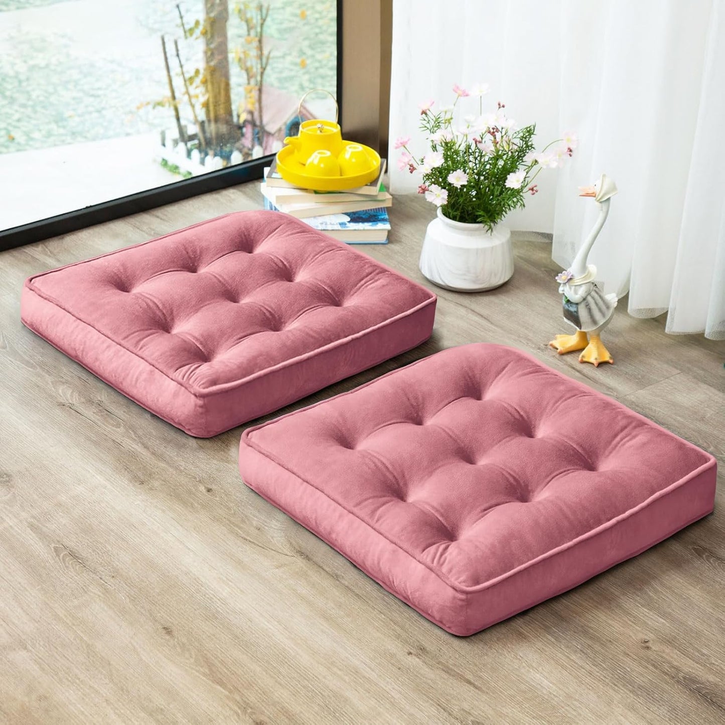1 MIDDLE ONE Floor Pillow Set of 2, Memory Foam Meditation Cushion, Floor Cushions for Adults Sitting, Large Square Seat Cushions for Yoga, Living Room, 20x20 Inch (Grey)