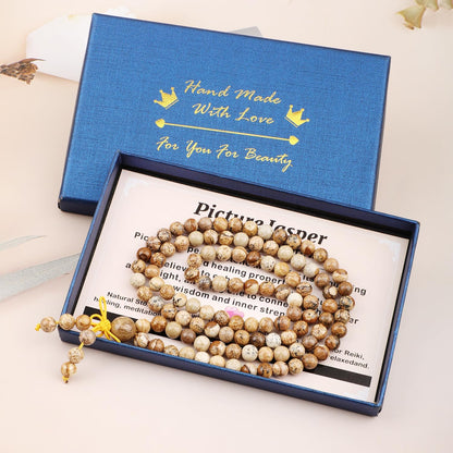 AD Beads 6mm 8mm 108 Prayer Mala Jasper Elastic Bracelet - Handmade Yoga Meditation Healing Power Energy Gifts for Unisex Adult.