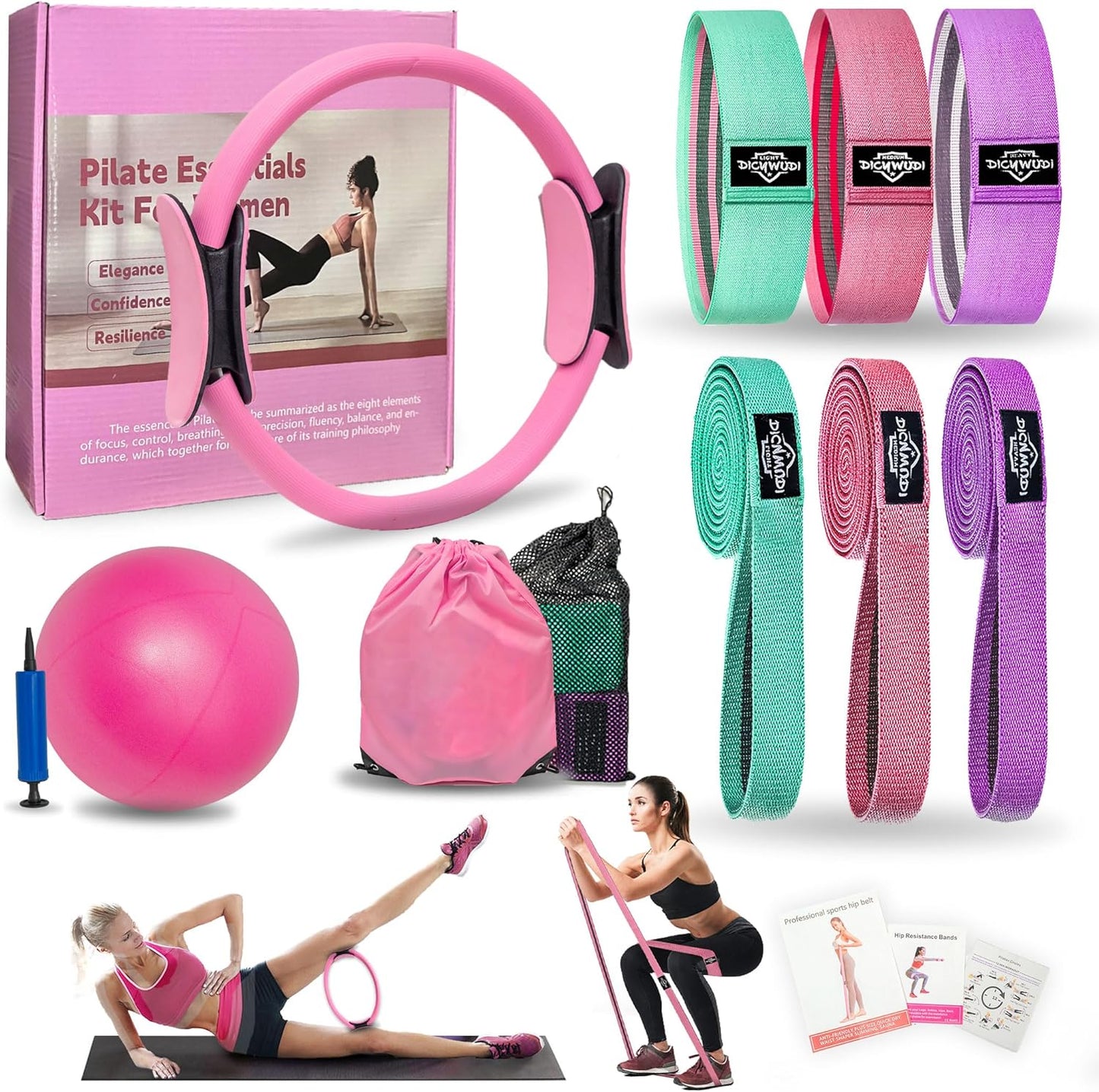DICYWUDI Pilates Essentials Kit for Home Women, Pilates Equipment for Workouts, 6 Fabric Resistance Bands, 12 Inch Magic Circle Yoga Ring, Mini Exercise Ball, Great Exercise Equipment