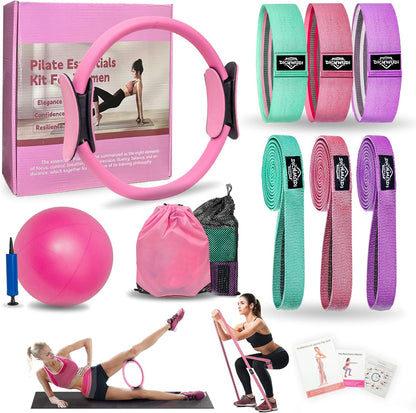 DICYWUDI Pilates Essentials Kit for Home Women, Pilates Equipment for Workouts, 6 Fabric Resistance Bands, 12 Inch Magic Circle Yoga Ring, Mini Exercise Ball, Great Exercise Equipment