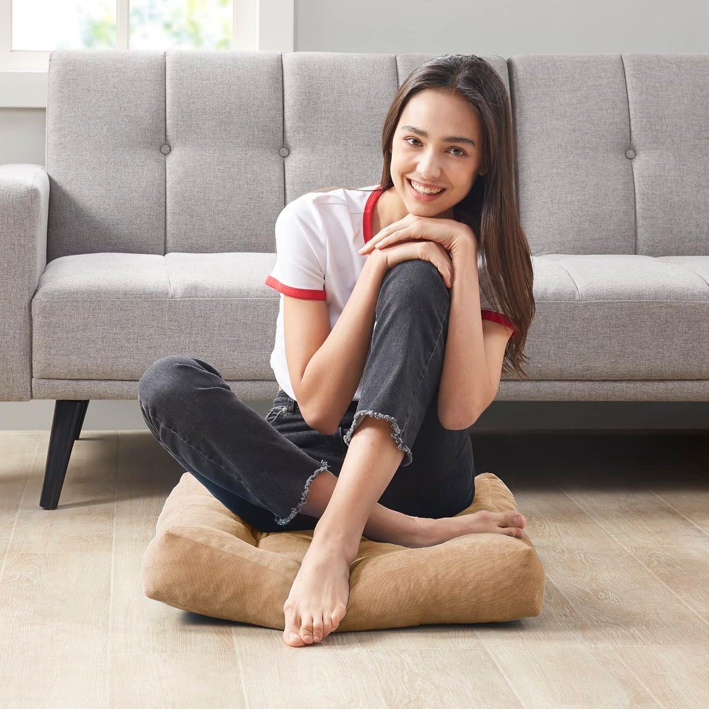 Meditation Floor Pillow Set of 2, Round Large Pillows Seating for Adults, Tufted Corduroy Cushion for Living Room Tatami, Beige 22 Inch