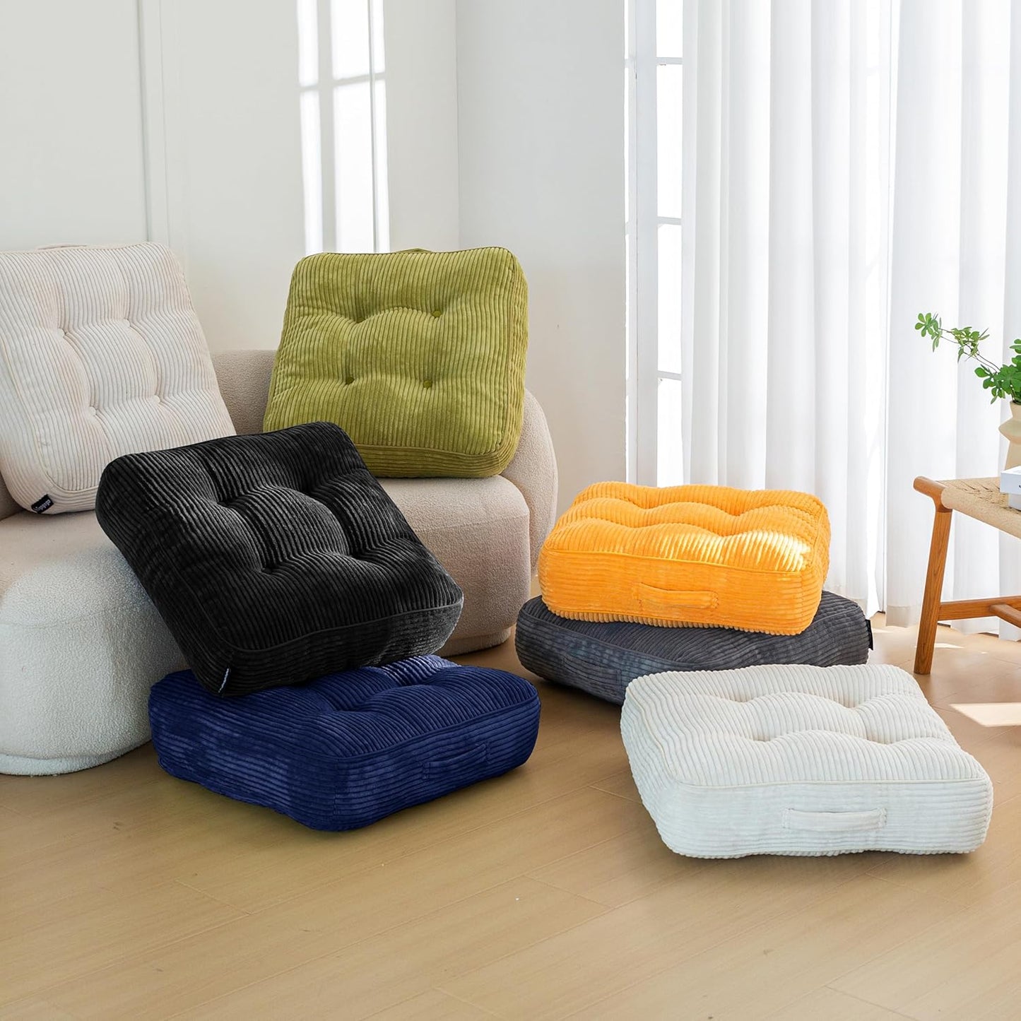 HIGOGOGO Floor Pillow Cushion for Adults, Meditation Cushion Pillow, Large Square Floor Sitting, Tufted Corduroy Cover, for Tatami Living Room or Yoga, 22x22 Inch, Dark Grey