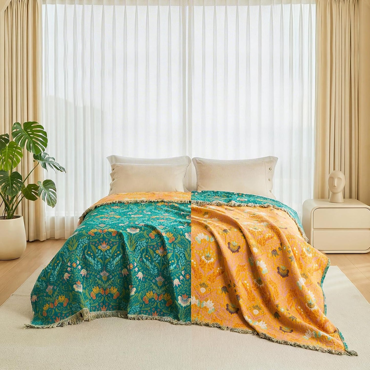 Boho Throw Blanket - 100% Cotton Soft Summer Throw Blanket for Bed, 50"x60" Reversible Breathable Lightweight Blankets, All Seasons Farmhouse Decor Floral Plant Butterfly Throw Quilt