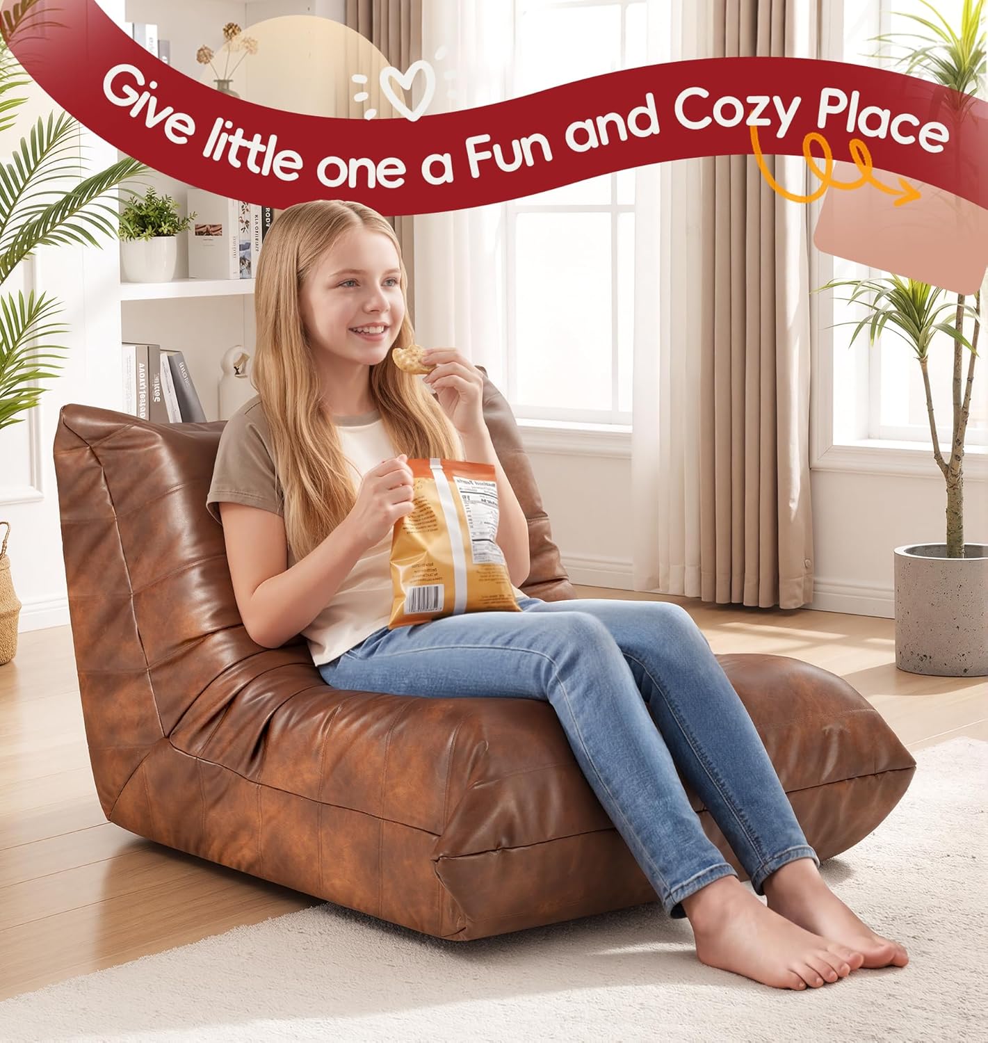Hobestluk Giant Bean Bag Chair Lazy Floor Sofa, Memory Foam Fireside Sofa for Adults, Big Beanbag Faux Leather Armless Chair for Living Room Bedroom Dorm Office (Brown, Single)