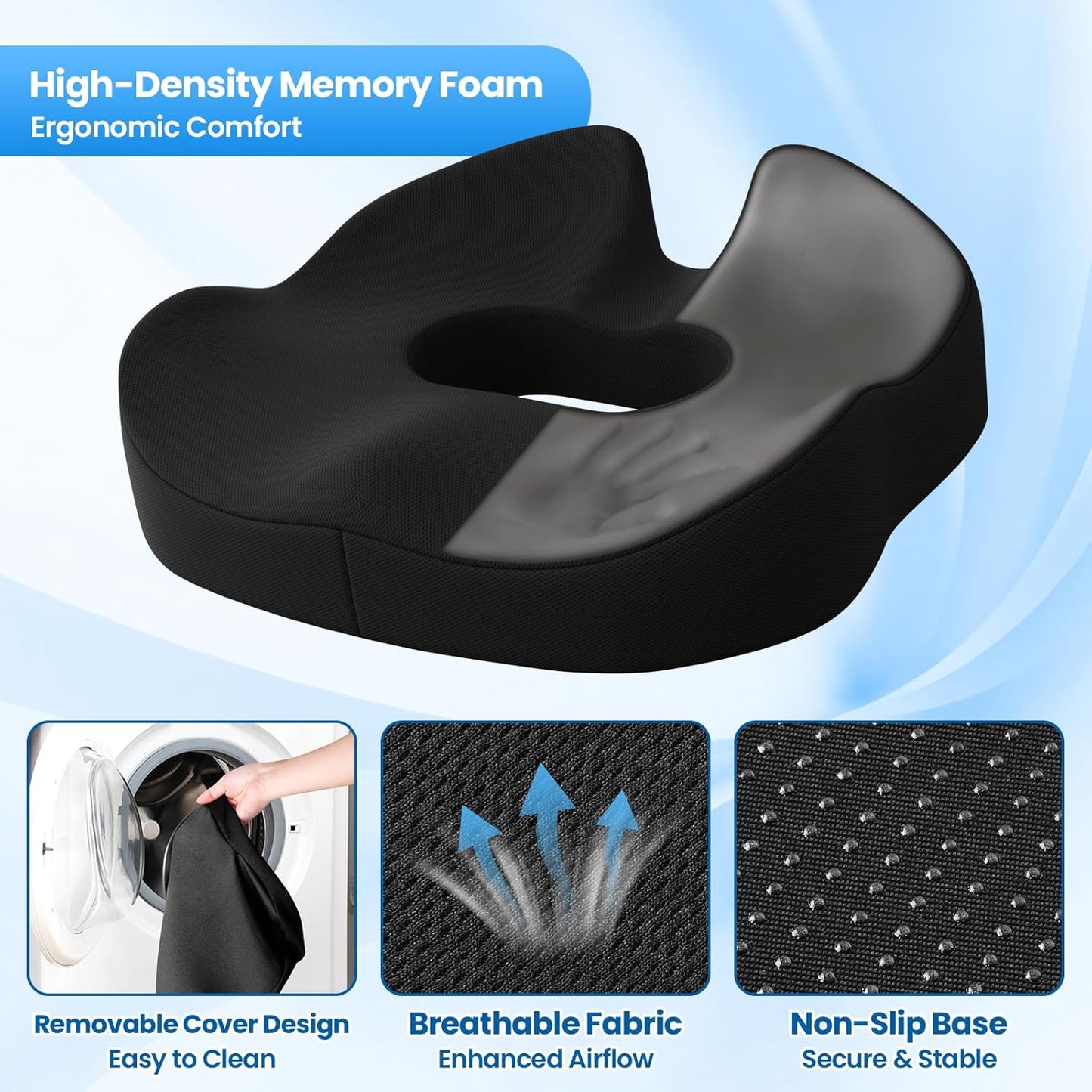 SweetSlubr Large Donut Pillow Seat Cushion for Hemorrhoid Discomfort&Tailbone Pressure, Office Chair Cushion for Long Sitting, Ergonomic Coccyx Pillow for Postpartum Pregnancy, Lifting Cushions, Black