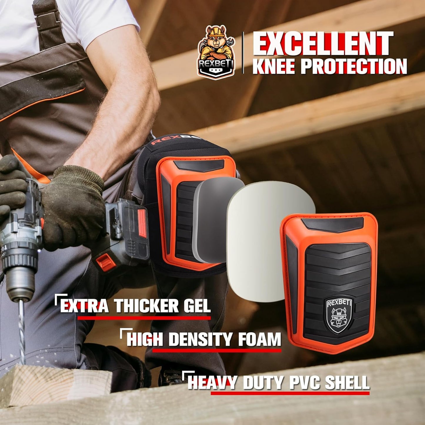 REXBETI Knee Pads for Work, Construction Knee Pads for Men, Heavy Duty Comfortable Anti-slip Foam Gel Knee Pads for Gardening Flooring and Cleaning, Strong Stretchable Straps, Orange