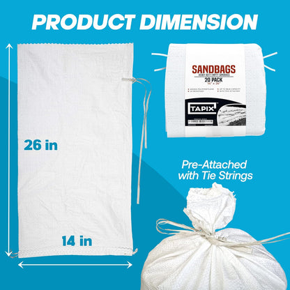 Sand Bags with Ties 14" x 26" - Sand Bags for Flooding, Woven Polypropylene Sandbags, 50 lbs Capacity, 14x26 inches, White