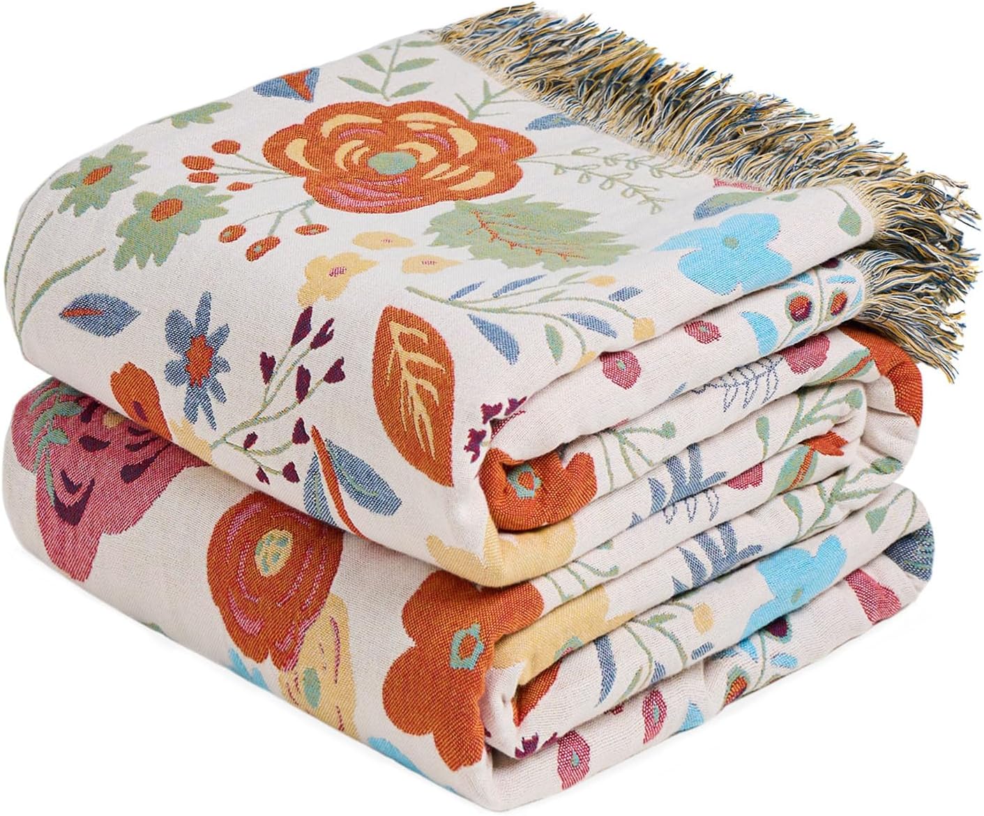 Boho Throw Blanket - 100% Cotton Soft Summer Throw Blanket for Bed, 50"x60" Reversible Breathable Lightweight Blankets, All Seasons Farmhouse Decor Floral Plant Butterfly Throw Quilt