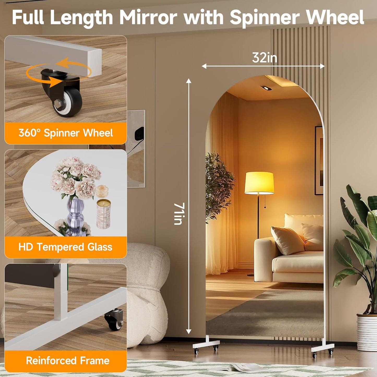 Hasipu 71" x 28" Arched Rolling Home Gym Mirror with Wheels, 360° Swivel Body Mirror with HD Tempered Glass, Large Floor Mirror for Yoga Room, Dance Studio, Bedroom & Home Gym