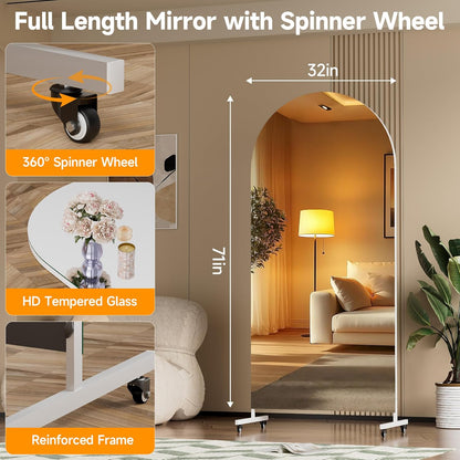 Hasipu 71" x 28" Arched Rolling Home Gym Mirror with Wheels, 360° Swivel Body Mirror with HD Tempered Glass, Large Floor Mirror for Yoga Room, Dance Studio, Bedroom & Home Gym