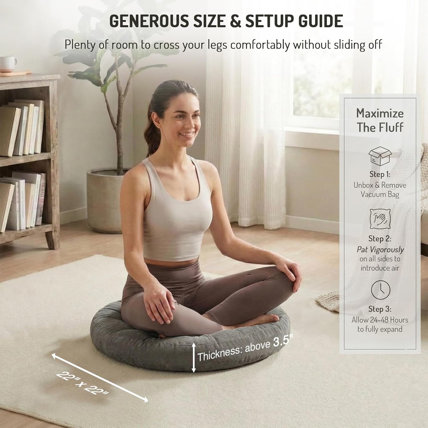 Meditation Floor Pillow Set of 2, Round Large Pillows Seating for Adults, Tufted Corduroy Cushion for Living Room Tatami, Beige 22 Inch