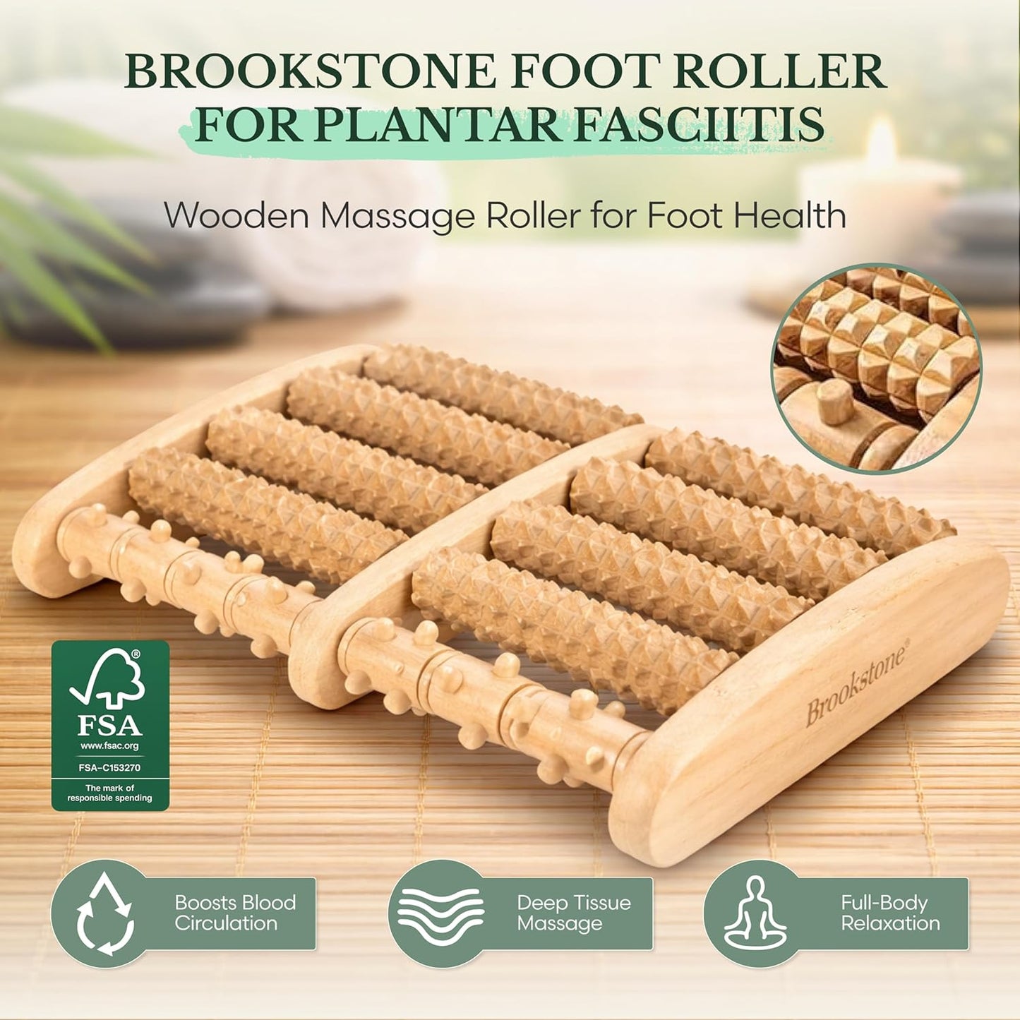 Brookstone Foot Massager Roller Plantar Fasciitis Pain Relief - Wooden Under Desk Feet Massage - Dual Manual Heel Massagers - Wood Rolling Acupressure Tool with Reflexology Guide - Gift for Men, Women