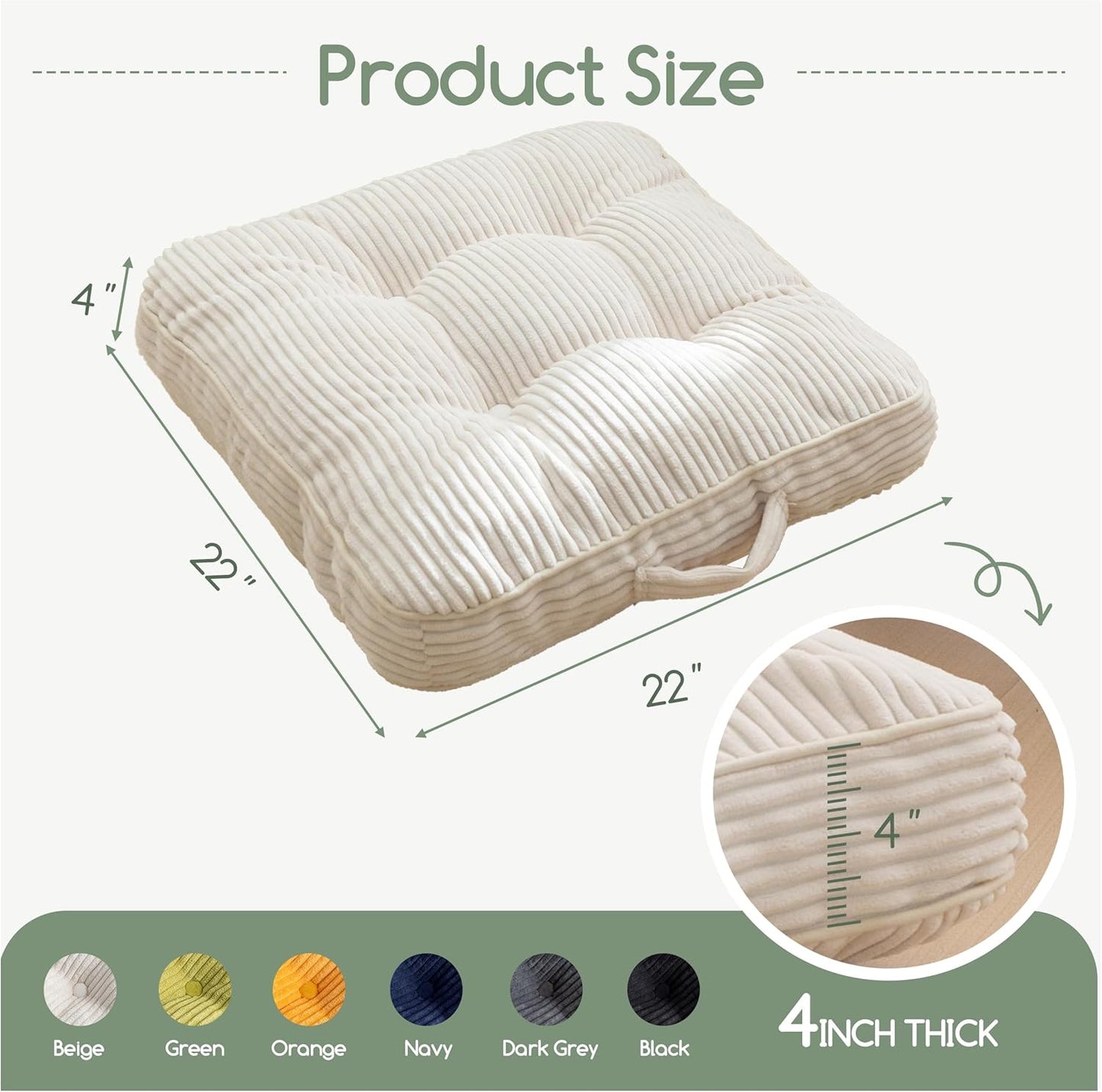 HIGOGOGO Floor Pillow Cushion for Adults, Meditation Cushion Pillow, Large Square Floor Sitting, Tufted Corduroy Cover, for Tatami Living Room or Yoga, 22x22 Inch, Dark Grey