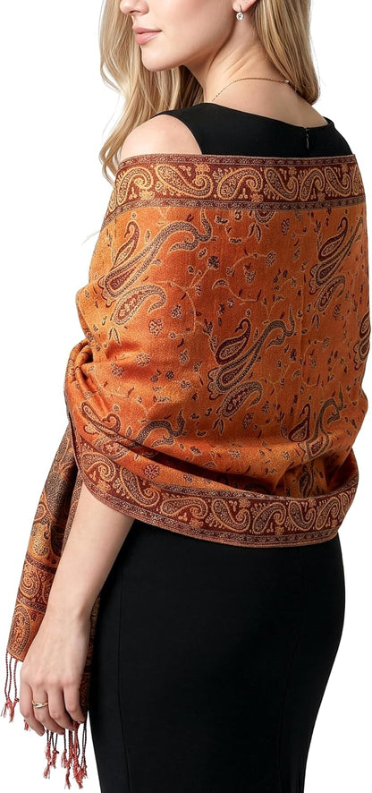 Achillea Reversible Paisley Pashmina Rave Scarf – Exotic Indian Shawls and Wraps for Evening Dresses, Festivals, All Seasons - Colors A