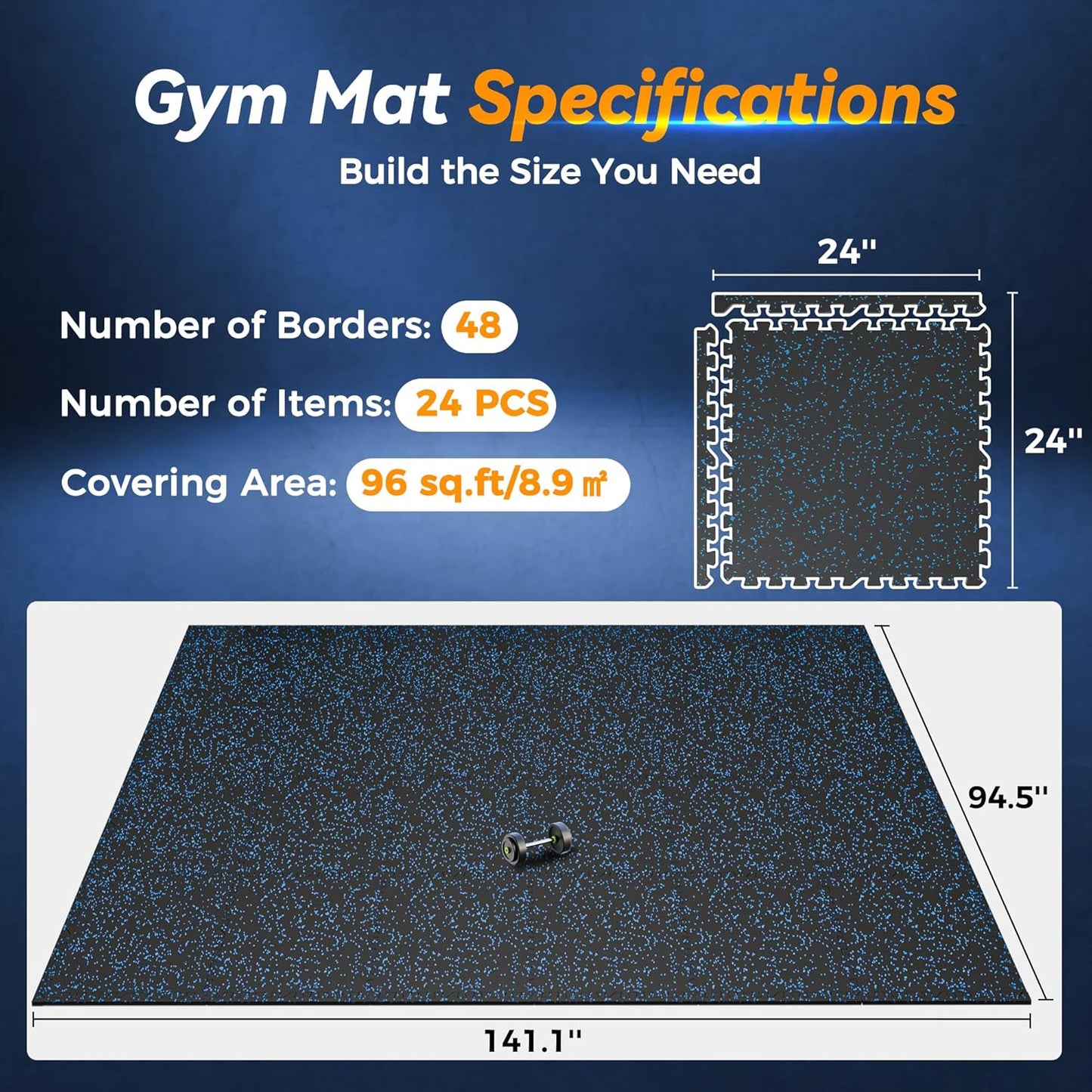 SUPERJARE 1" Extra-Thick Rubber Top Exercise Mat, Puzzle Gym Flooring for Home Gym, Gym Mat for Workout Equipment, Interlocking Floor Tiles with EVA Foam, 12 Pcs 48 Sq Ft, Black/Grey