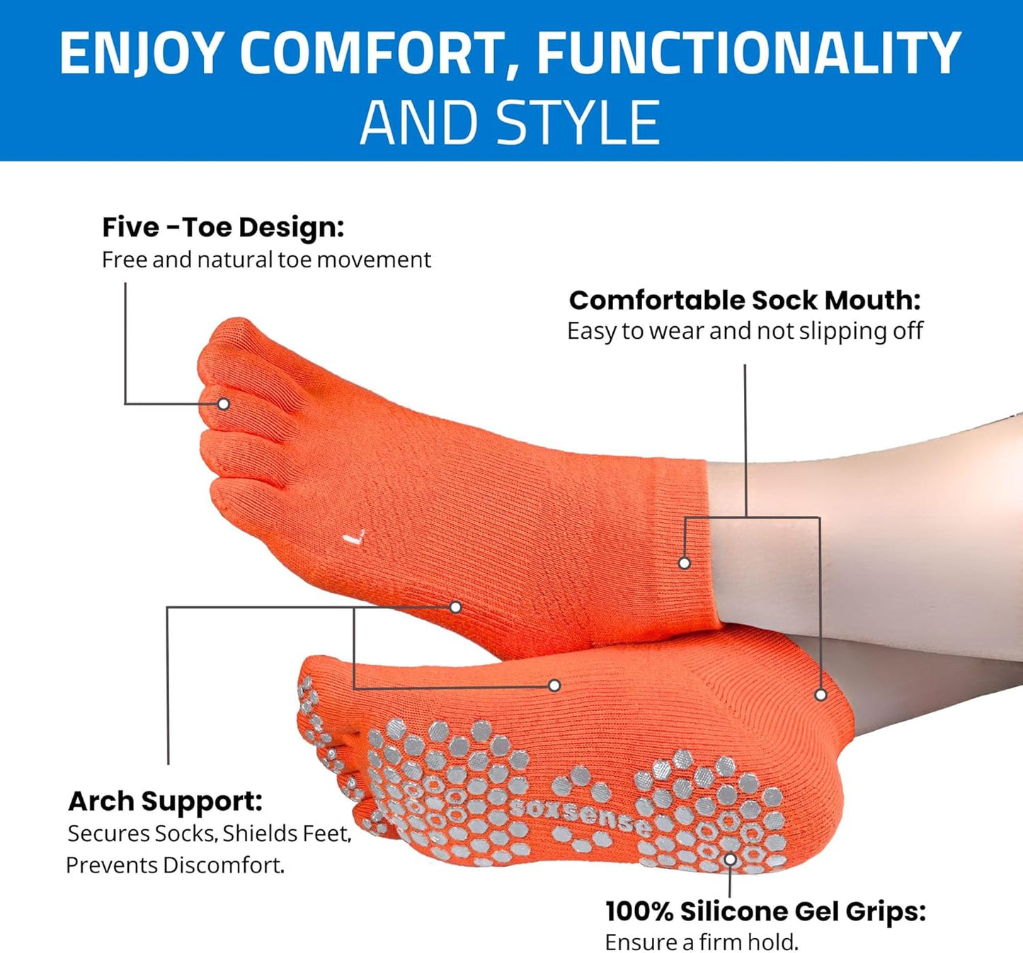 Soxsense Multi-Pack Sports Grip Toe Socks with Cushion, Non-Slip Finger Socks for Pilates, Home Gym, Soccer, basketball