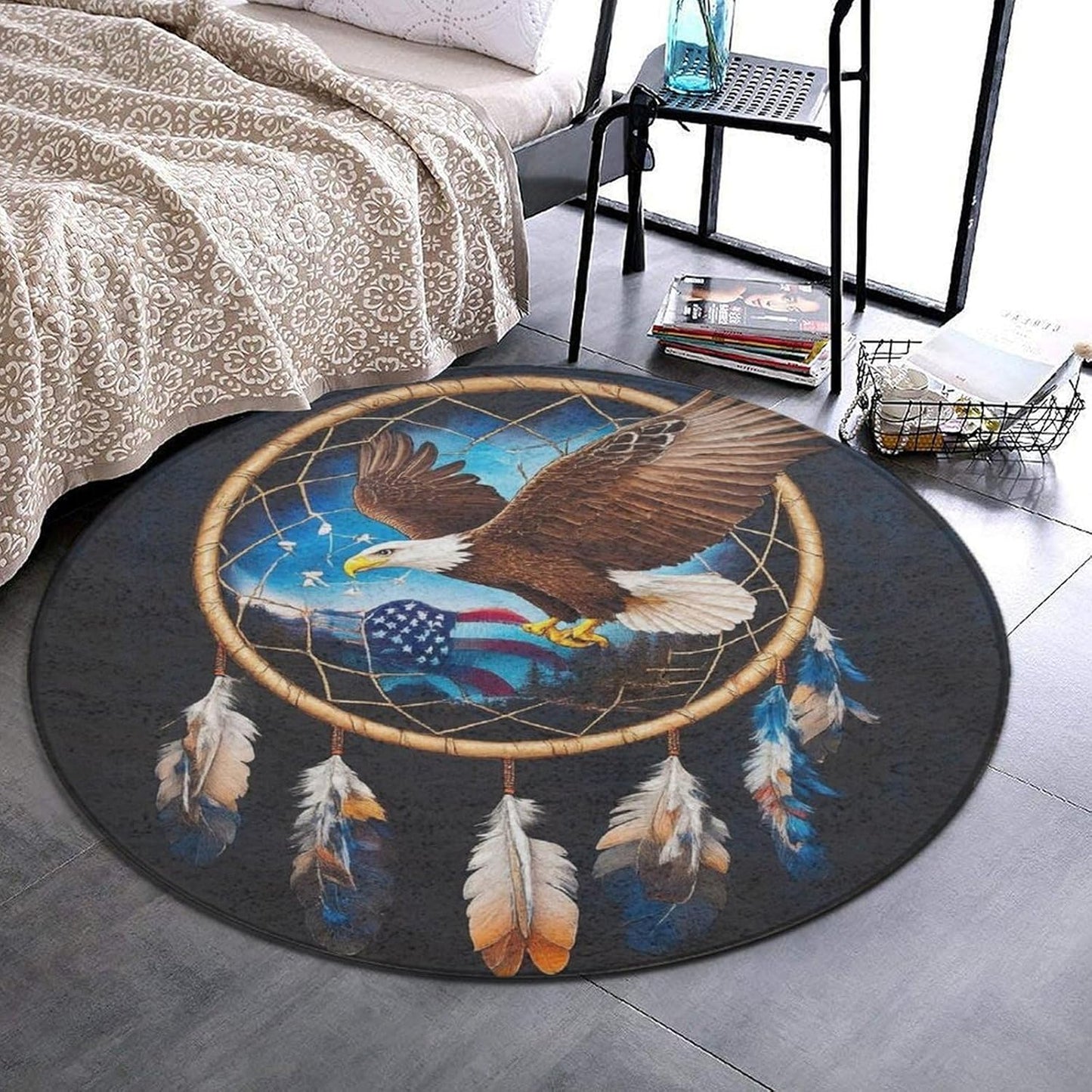 Machine Washable Modern Round Area Rug, Room Sofa Yoga Soft Round Carpet, Home Decor Non Slip Kitchen Office Circle Rug Union Jack Flag UK Mandala Art, 60inch