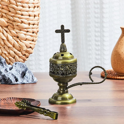 Zonon 1 Set Incense Burner with Tong, Frankincense Charcoal Incense Stand Holder, Ideal for Yoga, Spa, Aromatherapy, Home and Christian Church Censer (Gold,Retro)