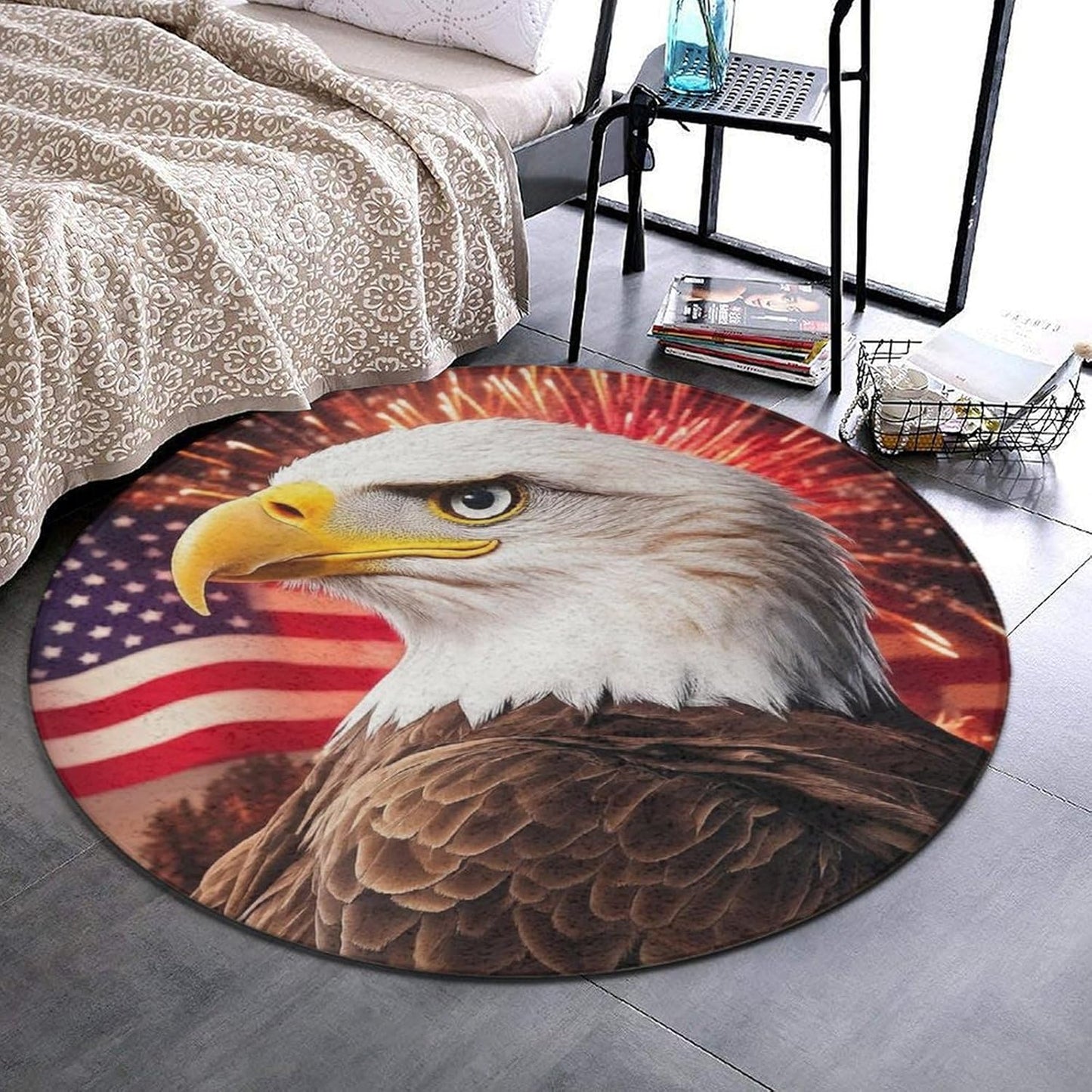 Machine Washable Modern Round Area Rug, Room Sofa Yoga Soft Round Carpet, Home Decor Non Slip Kitchen Office Circle Rug Union Jack Flag UK Mandala Art, 60inch