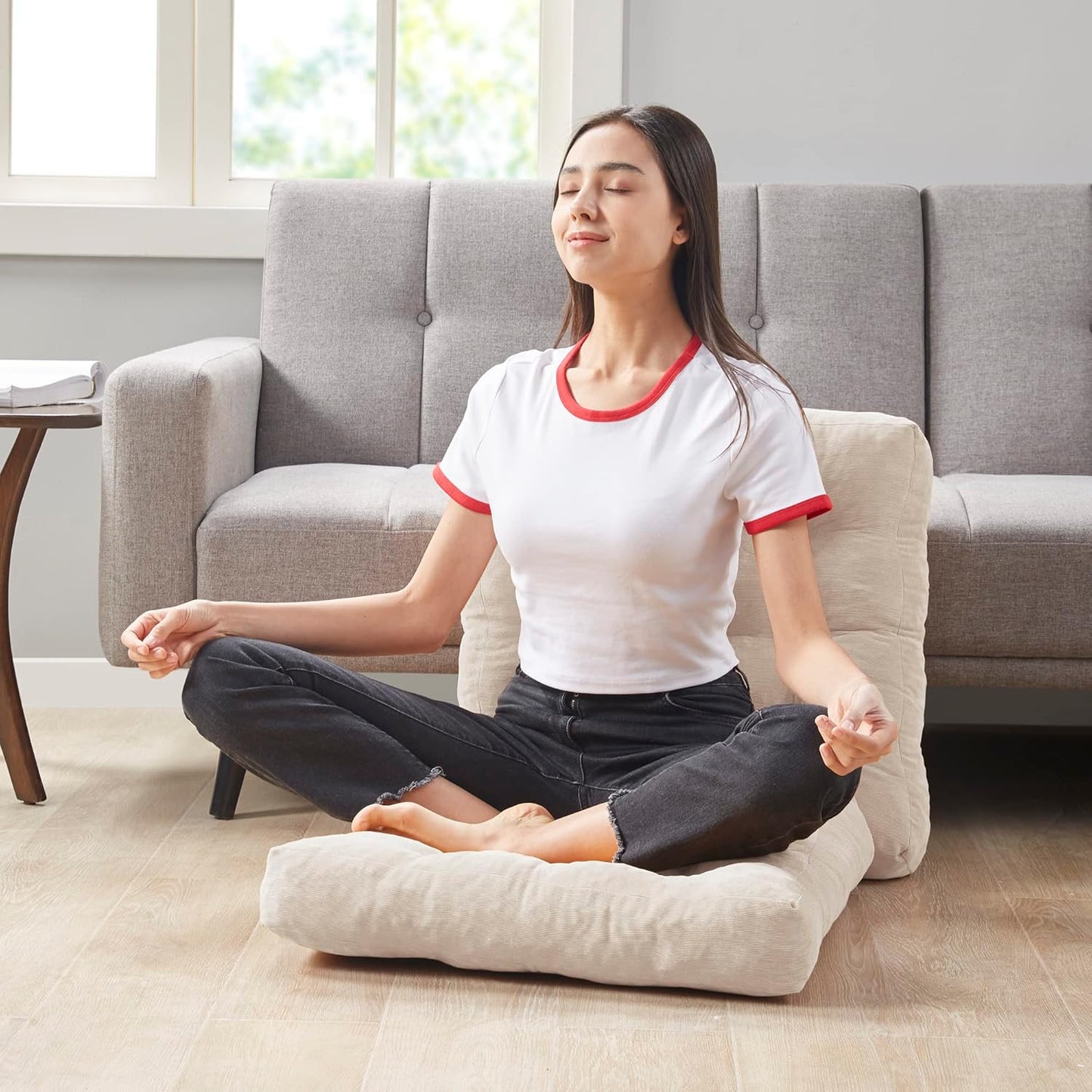 Meditation Floor Pillow Set of 2, Round Large Pillows Seating for Adults, Tufted Corduroy Cushion for Living Room Tatami, Beige 22 Inch