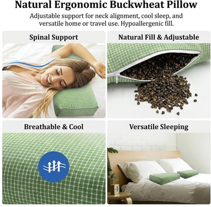 Adjustable Buckwheat Hull Pillow for Neck Pain Relief (21x8x4in) Natural Cooling Cervical Support Organic Pillow for Side & Back Sleepers with Night Sweats (Grey)