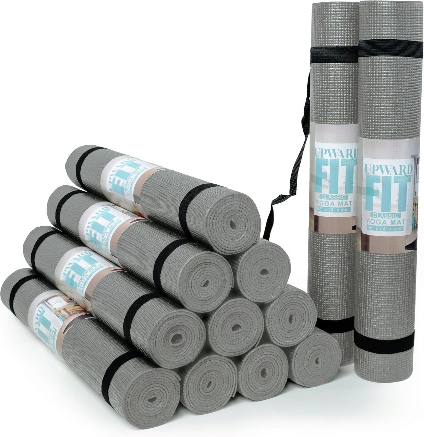 12-Pack Classic Yoga Mat With Carrying Strap, 68" x 24" Non Slip Exercise Mat, 4mm Thick Gym Mat, Bulk Non Toxic Yoga Mats for Home Workout, Schools, Classroom, and Studios