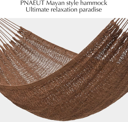 PNAEUT Handwoven Mayan Hammocks, Double Rope Hammock for Outdoor Outside & Indoor, Thick Soft 600 lbs Capacity Heavy-Duty, Includes Tree Straps, Carabiners & Carrying Bag (Nature, X-Large)