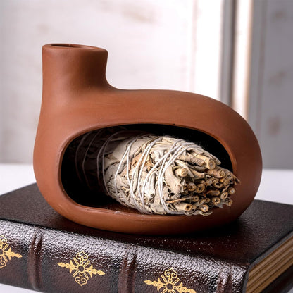 MOUGIGI Terracotta Palo Santo Holder - Modern Chiminea Incense Burner for Yoga, Meditation, and Energy Cleansing - Wood Sticks Dish, Sage Ash Catcher, Smudge Bowl, Cone Burner - Unique Meditation Gift