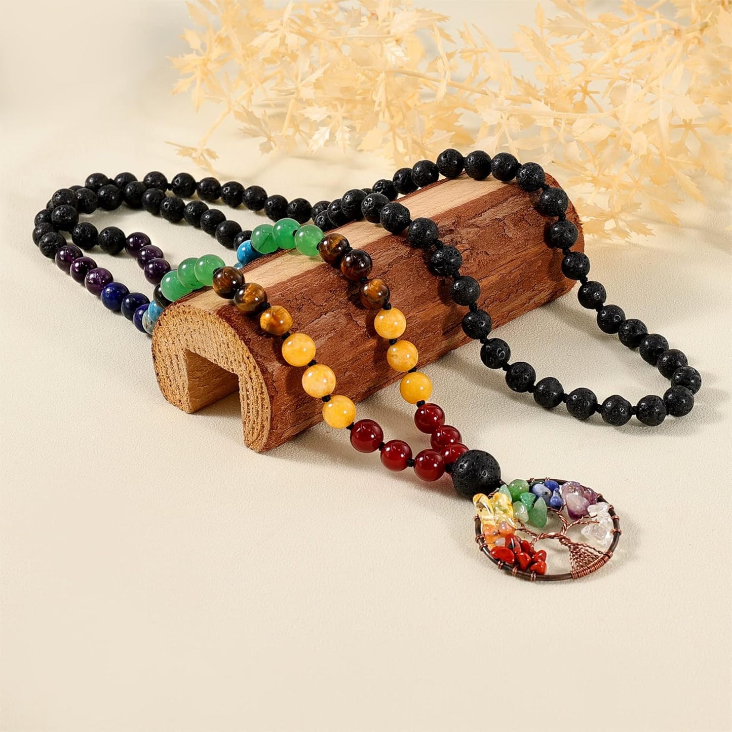 Bivei 108 Mala Beads Necklace Life Tree 7 Chakra Wrap Bracelet Real Healing Gemstone Yoga Meditation Hand Knotted Mala Prayer Bead Necklace