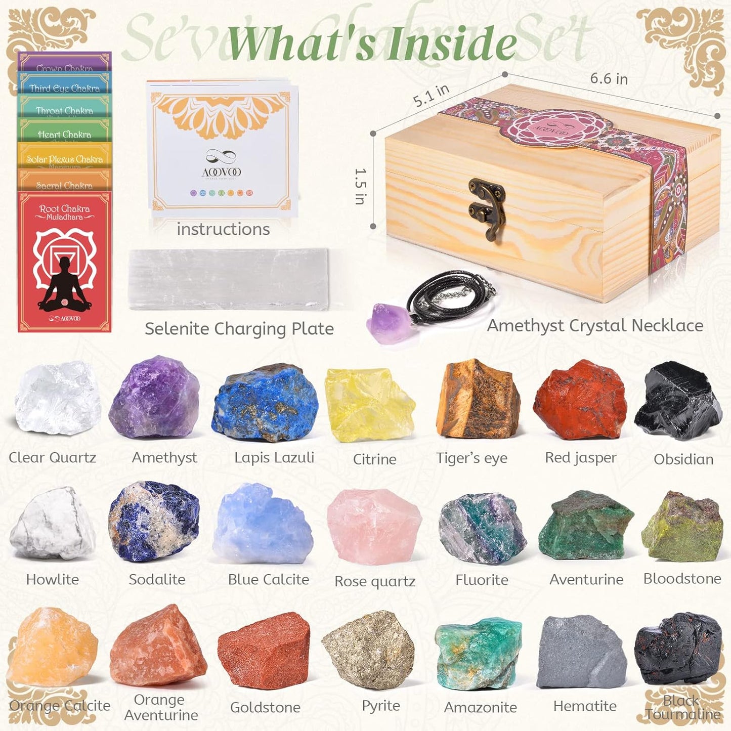 AOOVOO 17Pcs Crystals and Healing Stones, 14Pcs Real Raw Chakra Stones Set, Selenite Charging Plate, Amethyst Necklace, Rose Quartz, Mothers Day Gifts, Gift Box, Guide for Beginners, Collection, Meditation, Yoga