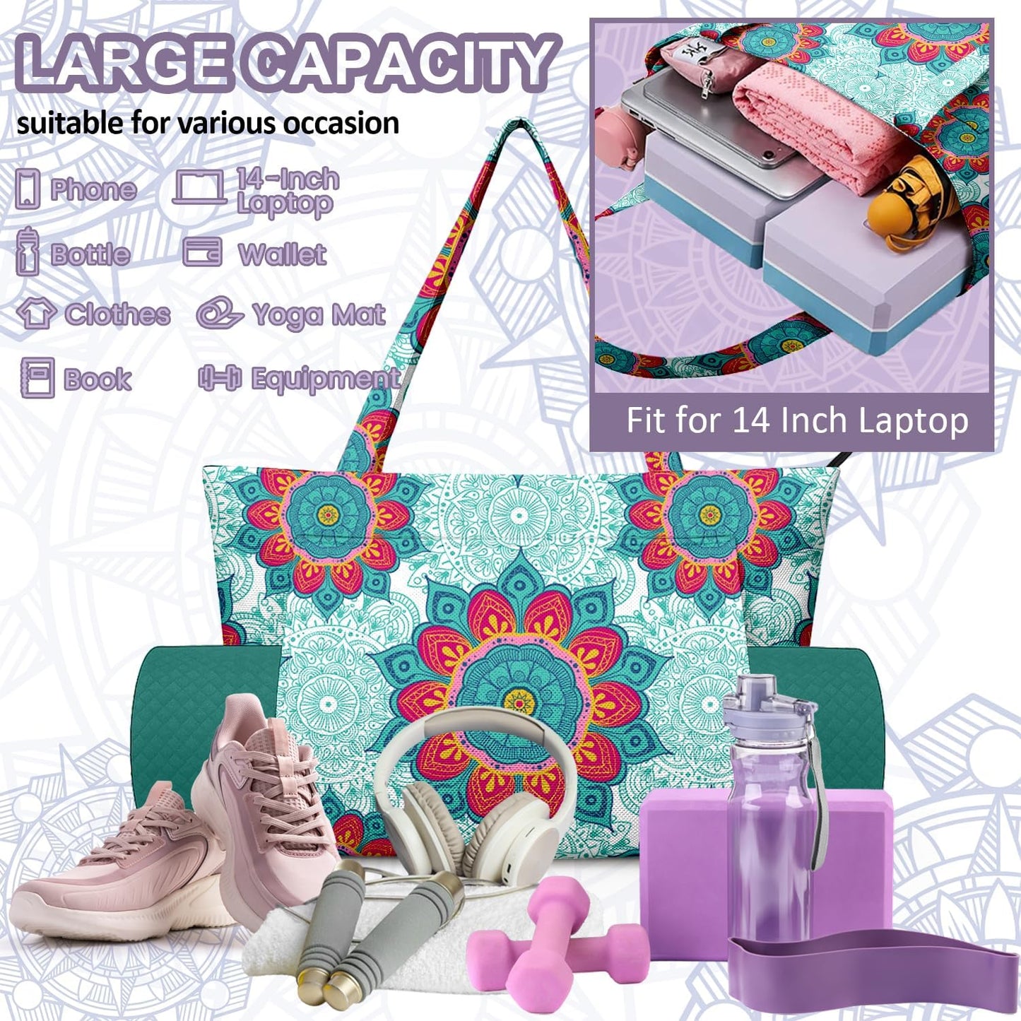 Yoga Bag for Women, Large Canvas Yoga Mat Tote Bag with Yoga Mat Carrier - Large Mat Pocket Fitness Tote for Pilates, Gym, Travel, Office & Beach