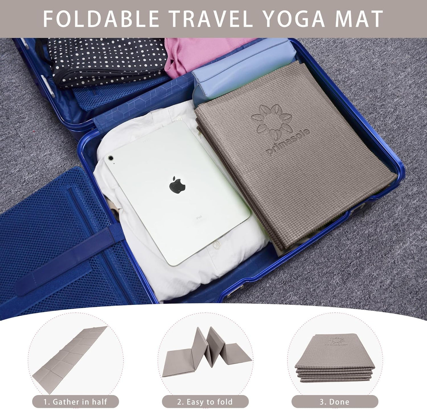 Primasole Folding Yoga Travel Pilates Mat Foldable Easy to Carry to Class Beach Park Tear resistant Travel Picnics 4mm Thick 9 Colors