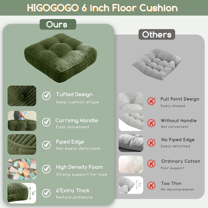 HIGOGOGO Floor Pillow Cushion for Adults, Meditation Cushion Pillow, Large Square Floor Sitting, Tufted Corduroy Cover, for Tatami Living Room or Yoga, 22x22 Inch, Dark Grey