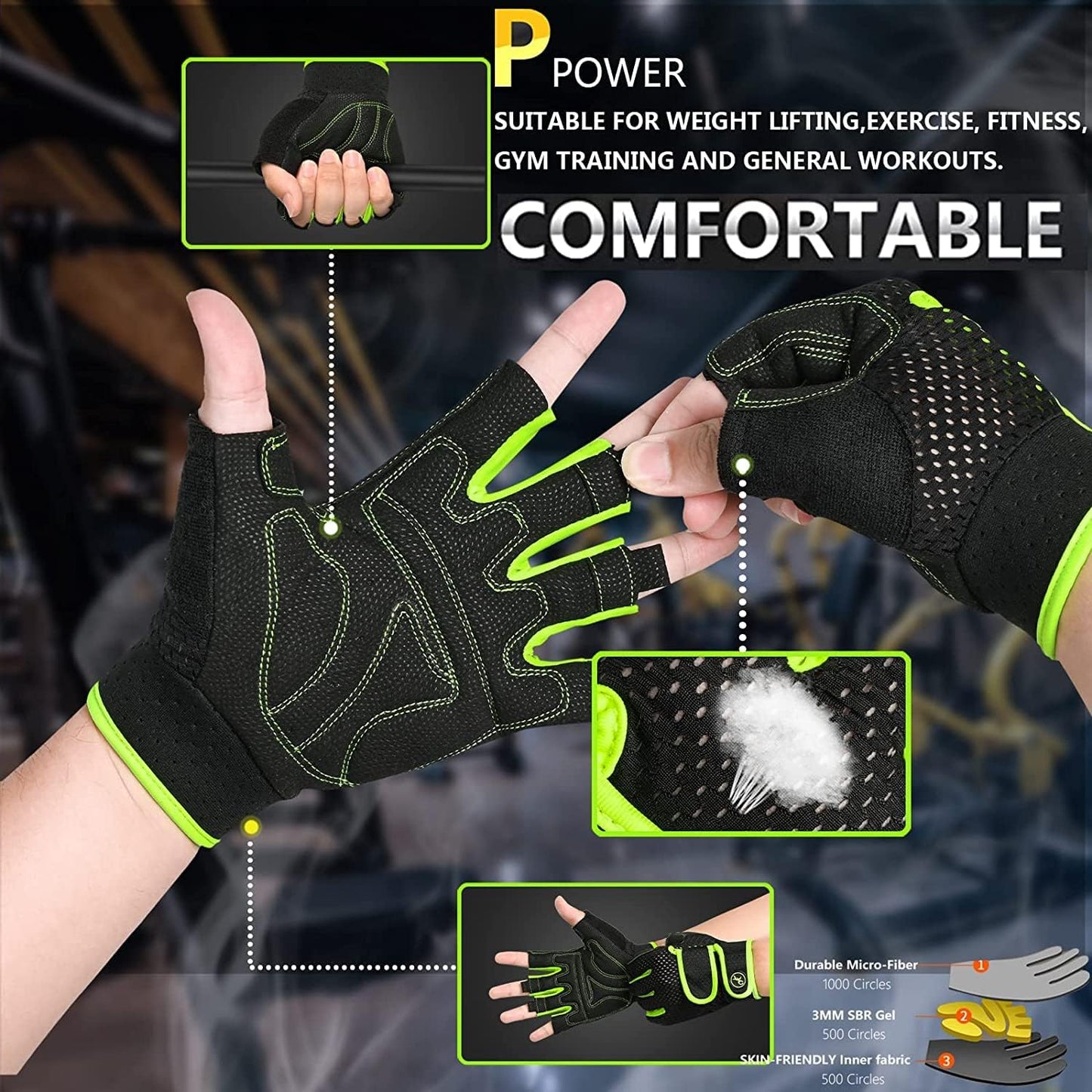 MOREOK Workout Gloves Padded Weight Lifting Gloves for Men/Women, [3MM Gel] Fingerless Grip Gym Gloves Fitness Gloves for Exercise,Hanging,Weightlifting, Cycling, Pull ups, Rowing