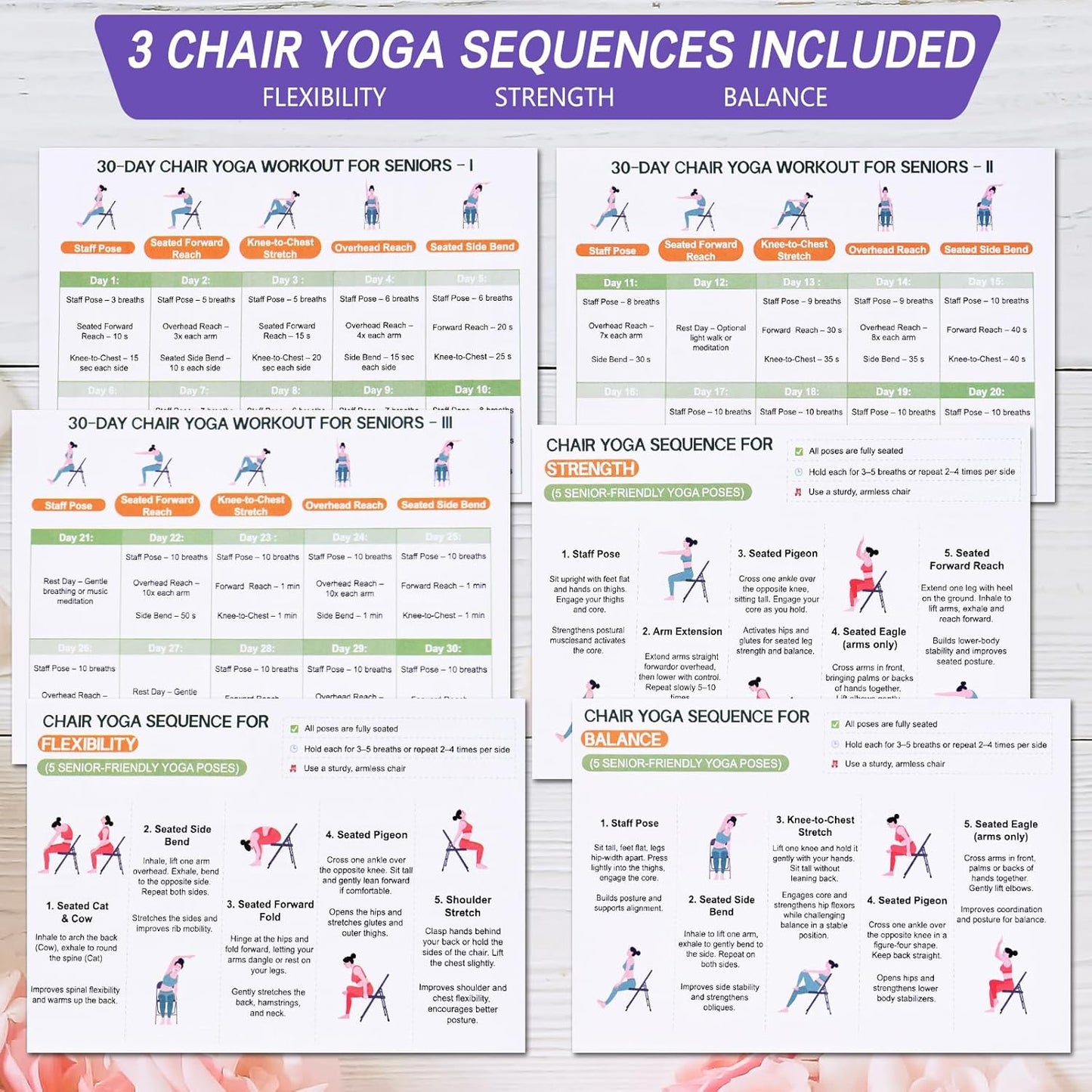 Chair Yoga for Seniors Over 60 Book & Chart – 30-Day Challenge, Gentle Seated Yoga Guide, Chair Yoga for Weight Loss & Flexibility, Senior Chair Exercises for Women & Men，Top Choice for Family Gifts (Purple)