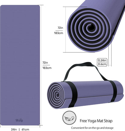 Non-slip TPE Yoga Mat for Women & Men,72"x24" Double-Sided Workout Mat for Home Gym Pilates Fitness,1/4 Inch Packable Lightweight Exercise Mat with Strap for Travel,Non Toxic Exercise Floor Mat