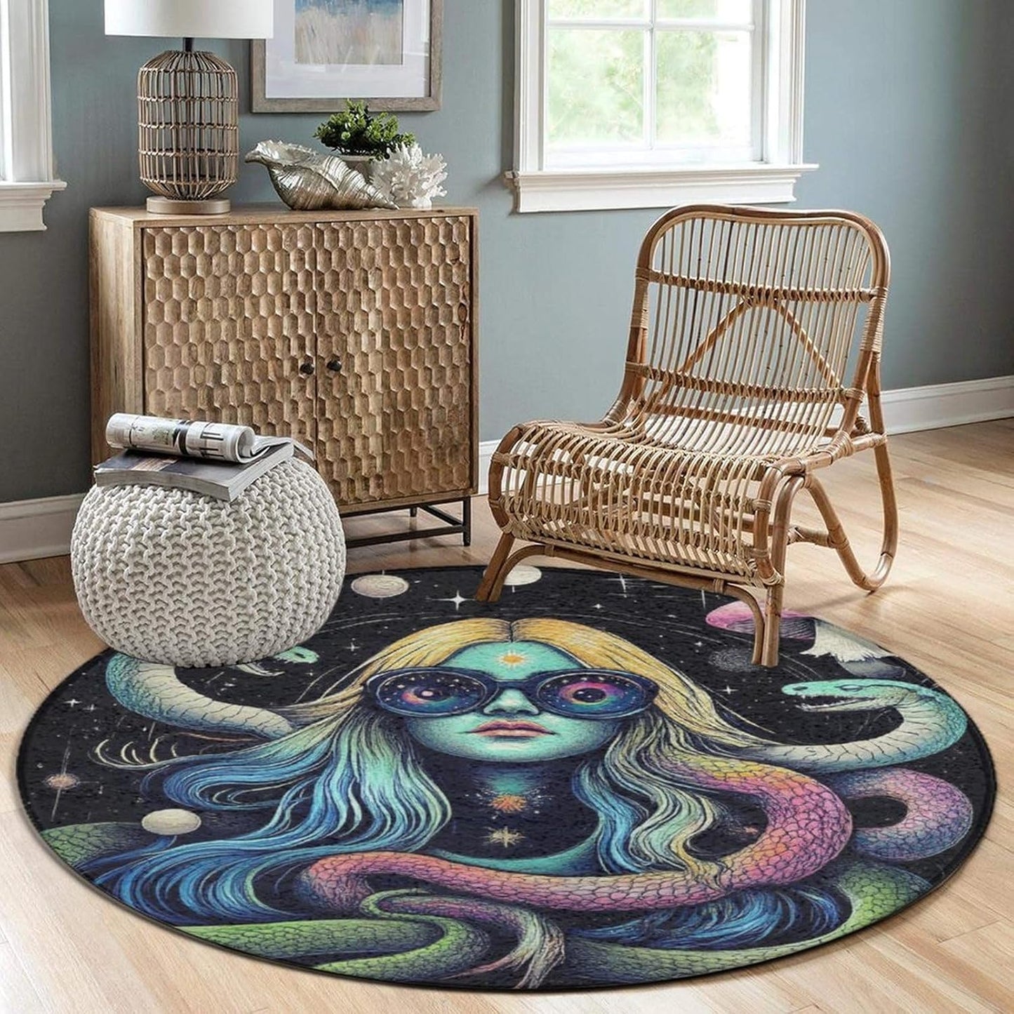 Machine Washable Modern Round Area Rug, Room Sofa Yoga Soft Round Carpet, Home Decor Non Slip Kitchen Office Circle Rug Trippy Rainbow Mushroom Tie Dye Art, 60inch