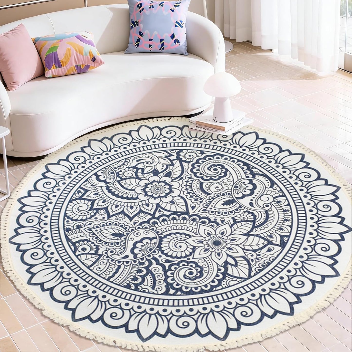 Boho Rug 5Ft Round Bedroom Carpet Circle Nonslip Farmhouse Area Rug Rustic Mandala Floor Mat for Living Room Locker Room Tassel Yoga Throw Rugs Washable Doormat, Purple