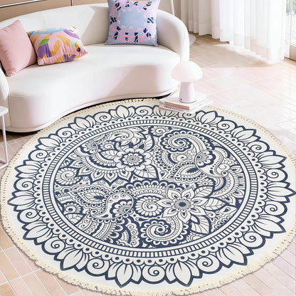 Boho Rug 5Ft Round Bedroom Carpet Circle Nonslip Farmhouse Area Rug Rustic Mandala Floor Mat for Living Room Locker Room Tassel Yoga Throw Rugs Washable Doormat, Purple