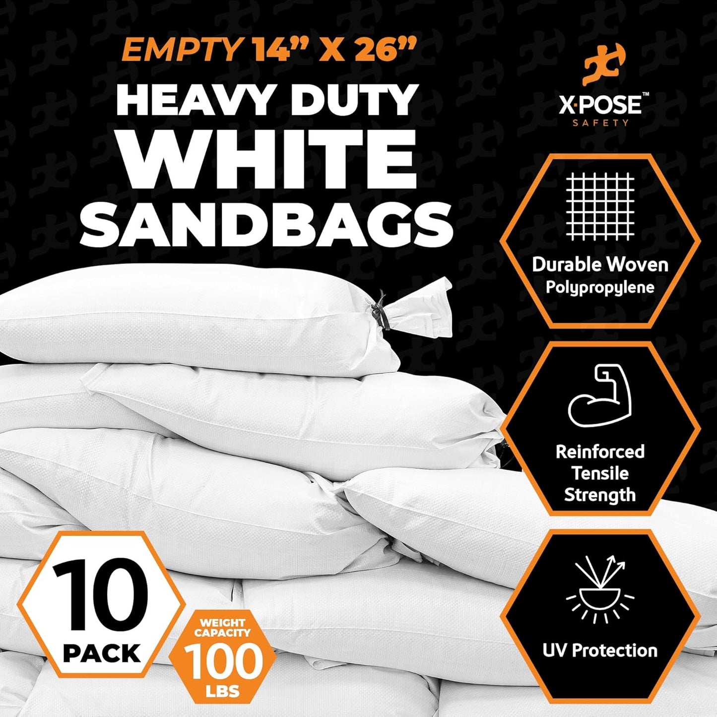 Xpose Safety Heavy Duty Sand Bags with Tie Strings – Empty Woven Polypropylene Sandbags for Hurricane Flood Protection, 100 lb Capacity, 14" x 26", Black, Pack of 10