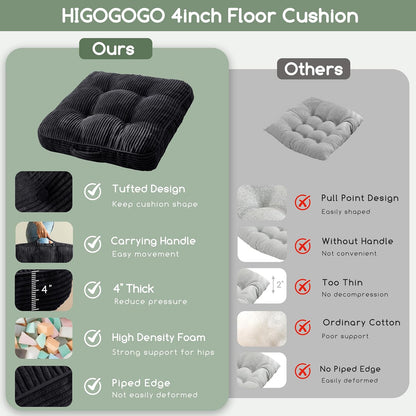 HIGOGOGO Floor Pillow Cushion for Adults, Meditation Cushion Pillow, Large Square Floor Sitting, Tufted Corduroy Cover, for Tatami Living Room or Yoga, 22x22 Inch, Dark Grey