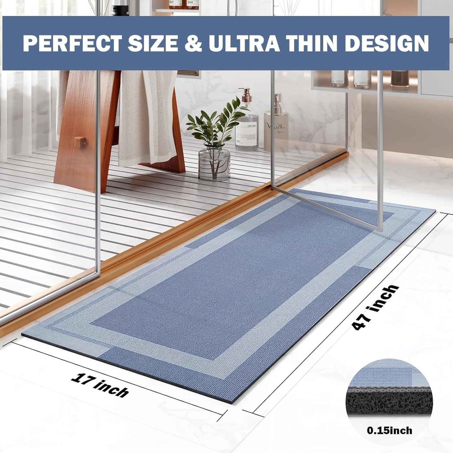 YDKGL Non Slip Long Bath Mat Bathroom Runner, Rubber Backing Ultra Thin Bathroom Rugs Fit Under Door Quick Dry Super Absorbent Washable Bath Rug Shower Mat for Bathtub Sink Floor, Dark Gray 17"x47"
