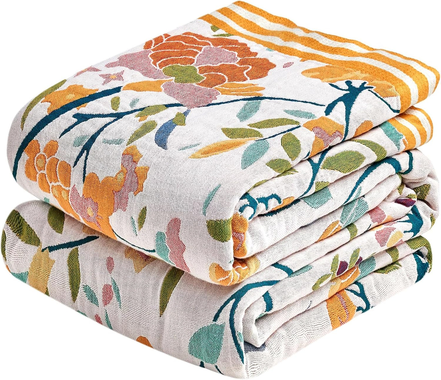 Boho Throw Blanket - 100% Cotton Soft Summer Throw Blanket for Bed, 50"x60" Reversible Breathable Lightweight Blankets, All Seasons Farmhouse Decor Floral Plant Butterfly Throw Quilt